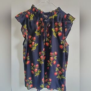 Chic Floral Ruffle Blouse in Navy